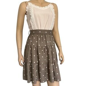 Mine eyelet lace linen‎ blend tan polka dot mini dress size medium nwot